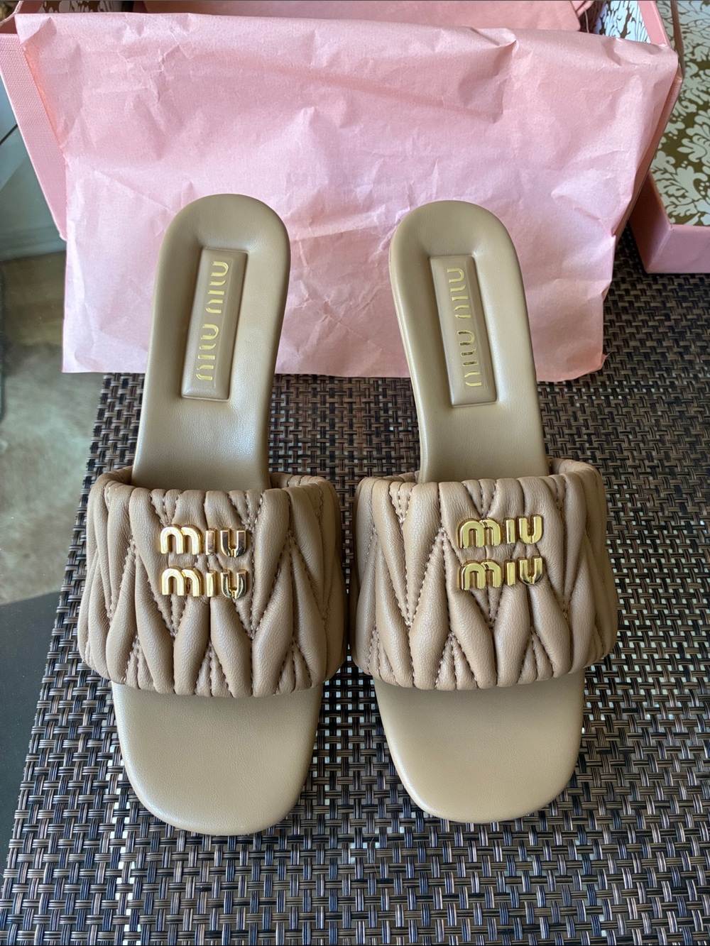 Miu Miu Quilted Tan Leather Slide Mules with Gold Logo size 38